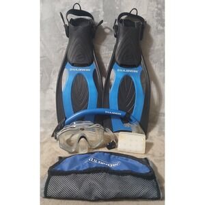 US Divers Snorkel Set Mens 10-13 Blue Fins Body Glove Mask Snorkel Mesh Bag READ